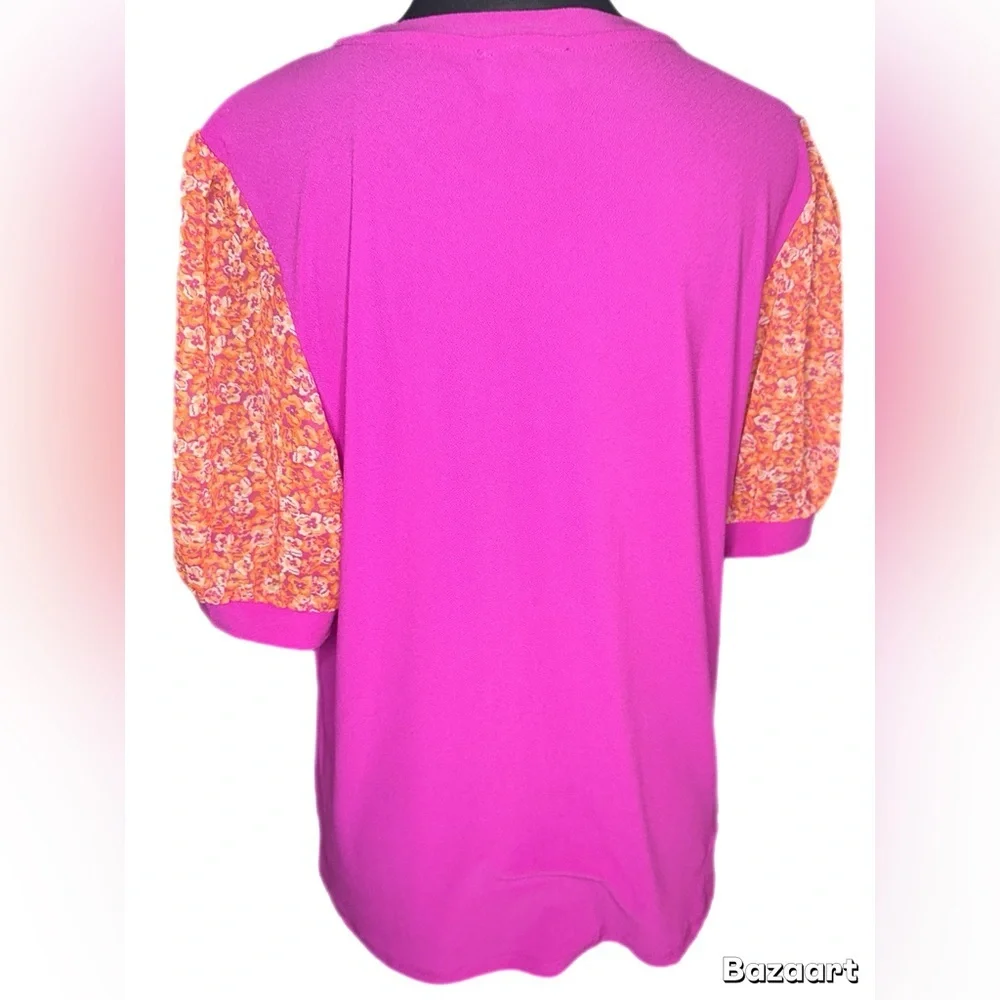 CeCe Pink Top with Orange Floral Sleeves - Picture 4 of 10